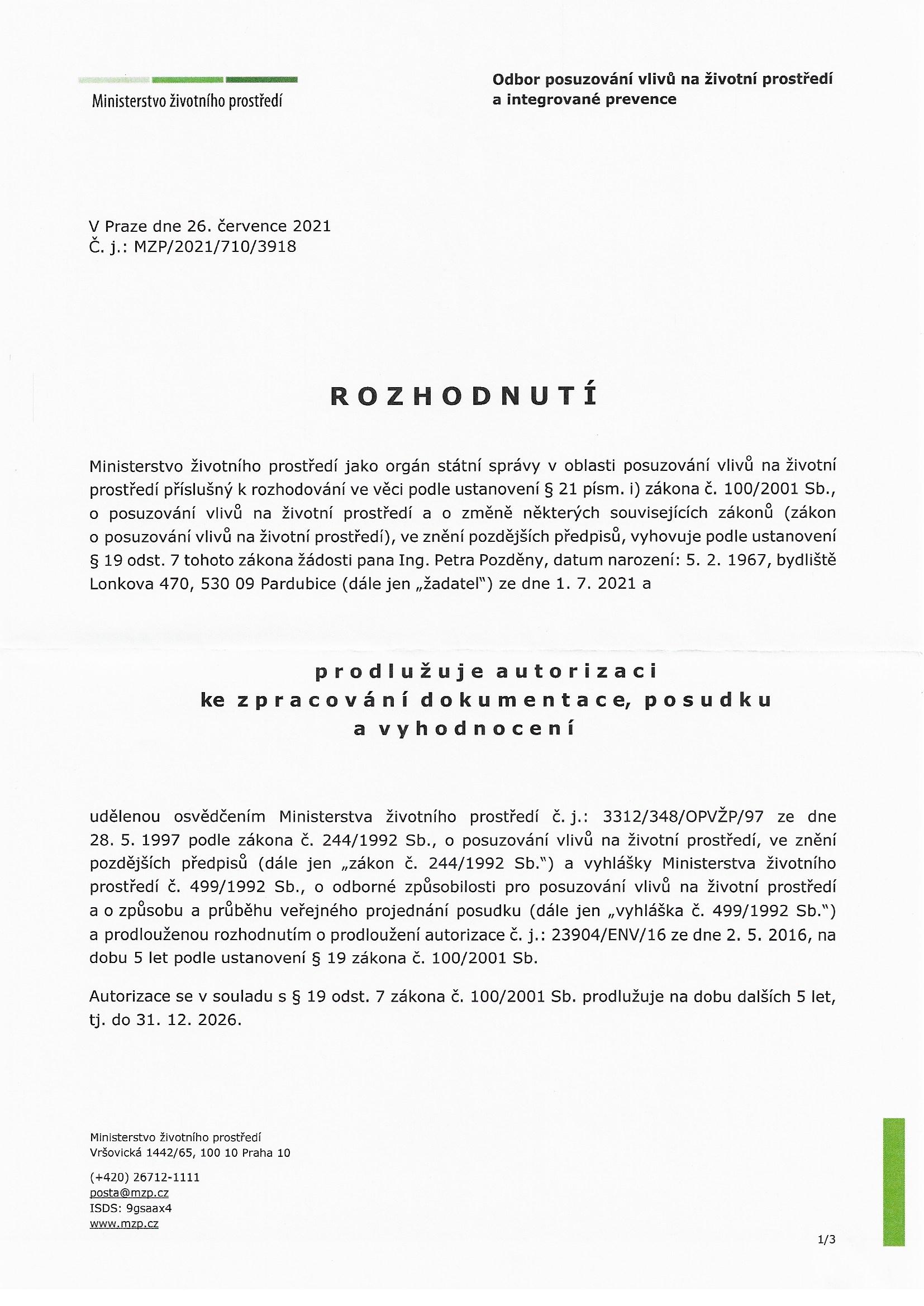 Rozhodnutí MŽP — strana 1